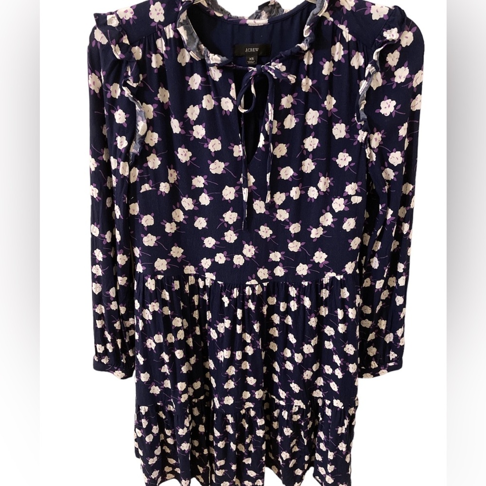 J Crew Tie Neck Tiered Long Sleeve Dress Scattered Peony Navy Purple XS